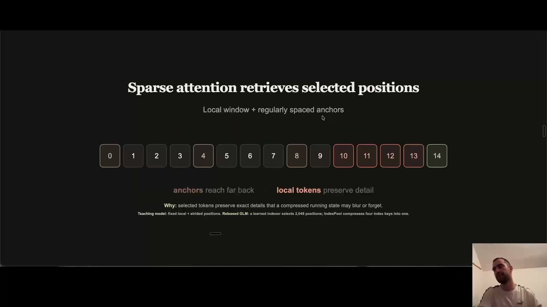 Implementation detail: [20:28] The teaching model's sparse attention uses fixed local plus strided positions, while the 