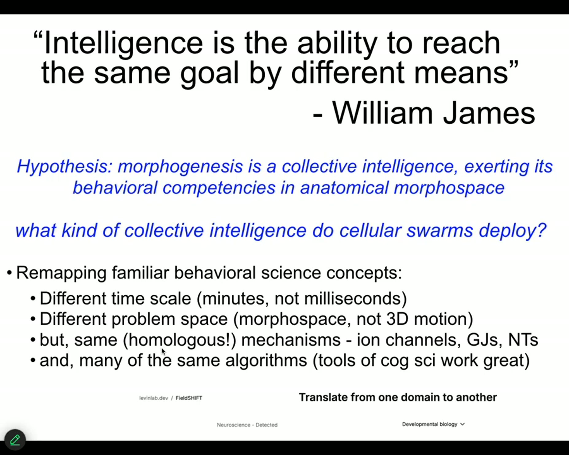 Term: William James's definition of intelligence, cited by Levin, is 'the ability to reach the same goal by different me