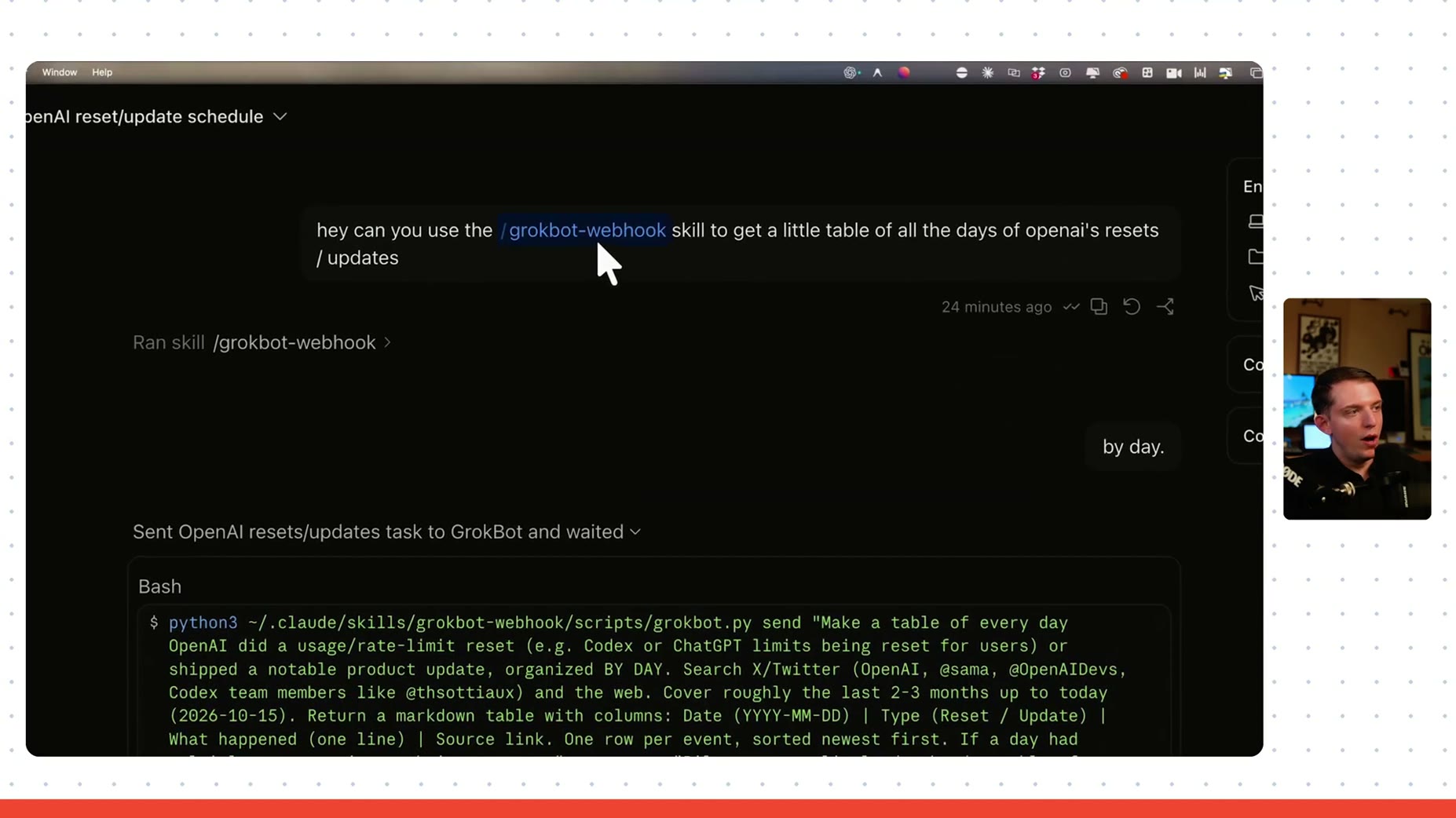 Confirmed: [17:24] the speaker set up a Claude Code webhook skill letting Claude Code send prompts to GrokBot to search 