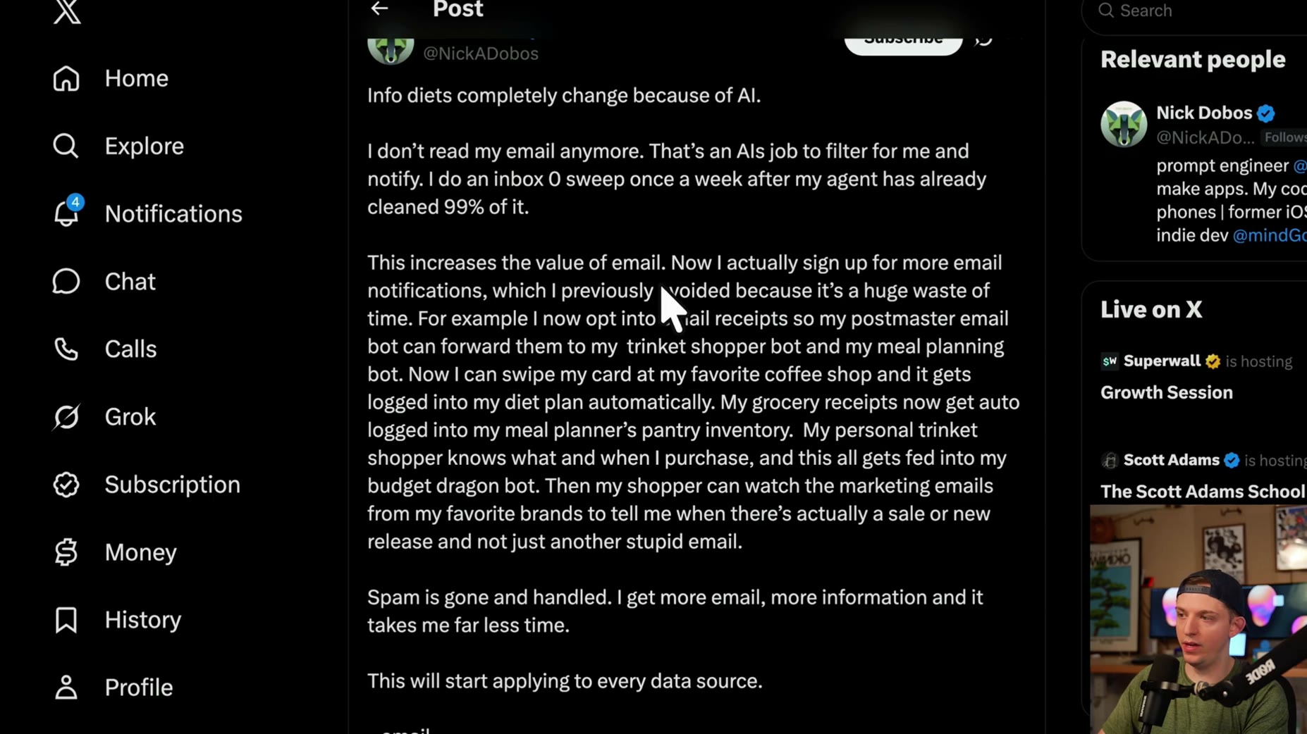 Nick Dobos does one inbox-zero sweep per week after his AI agent has already cleaned 99% of his email