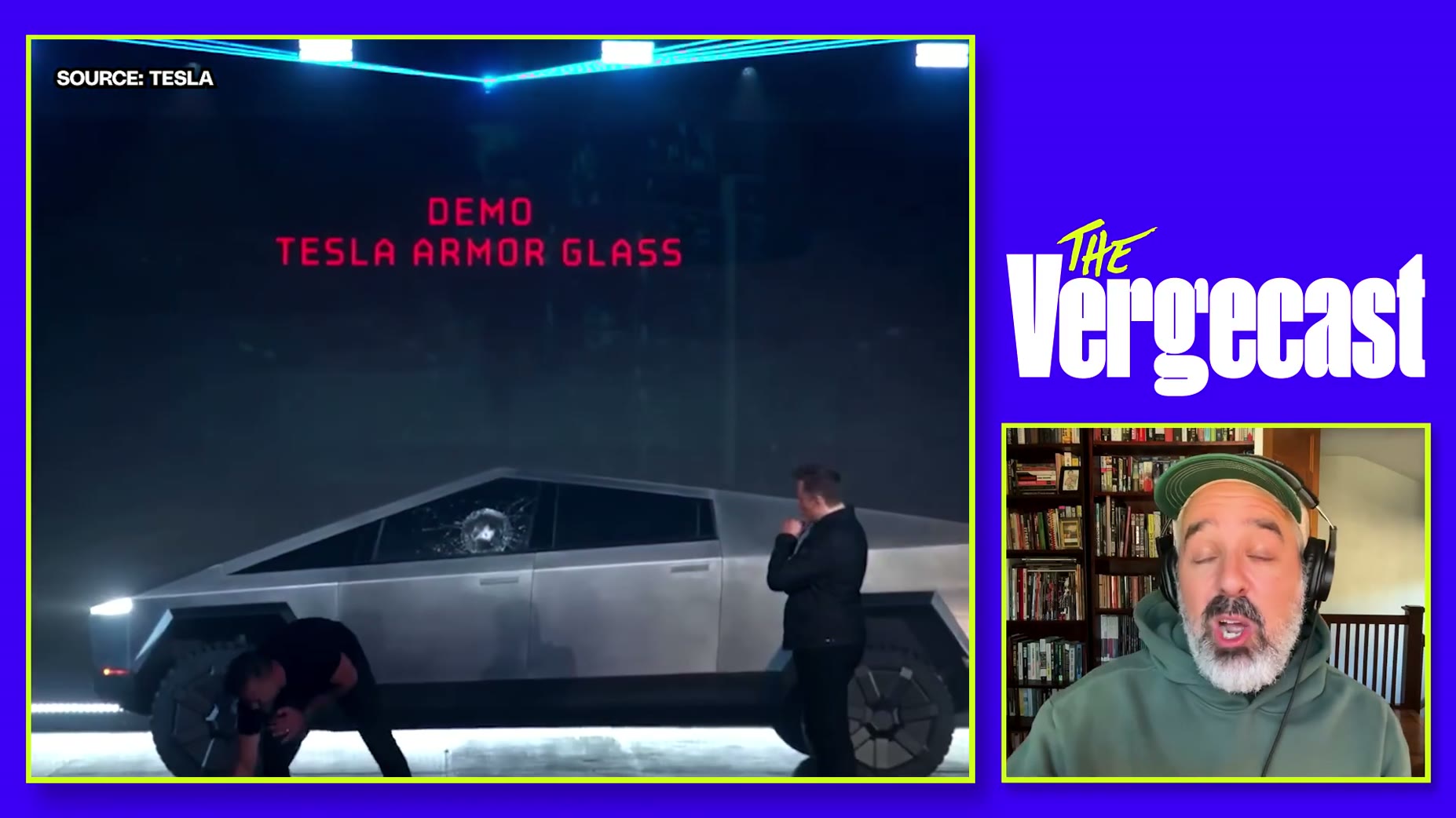 The hosts referenced the Cybertruck launch incident where a demo window broke on stage as part of discussing Tesla's his