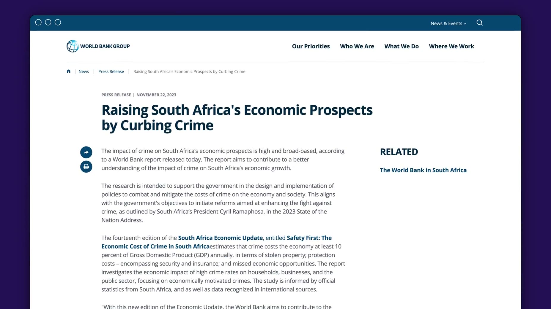 Source cited: the World Bank estimates crime costs South Africa at least 10 percent of GDP a year in stolen property, pr