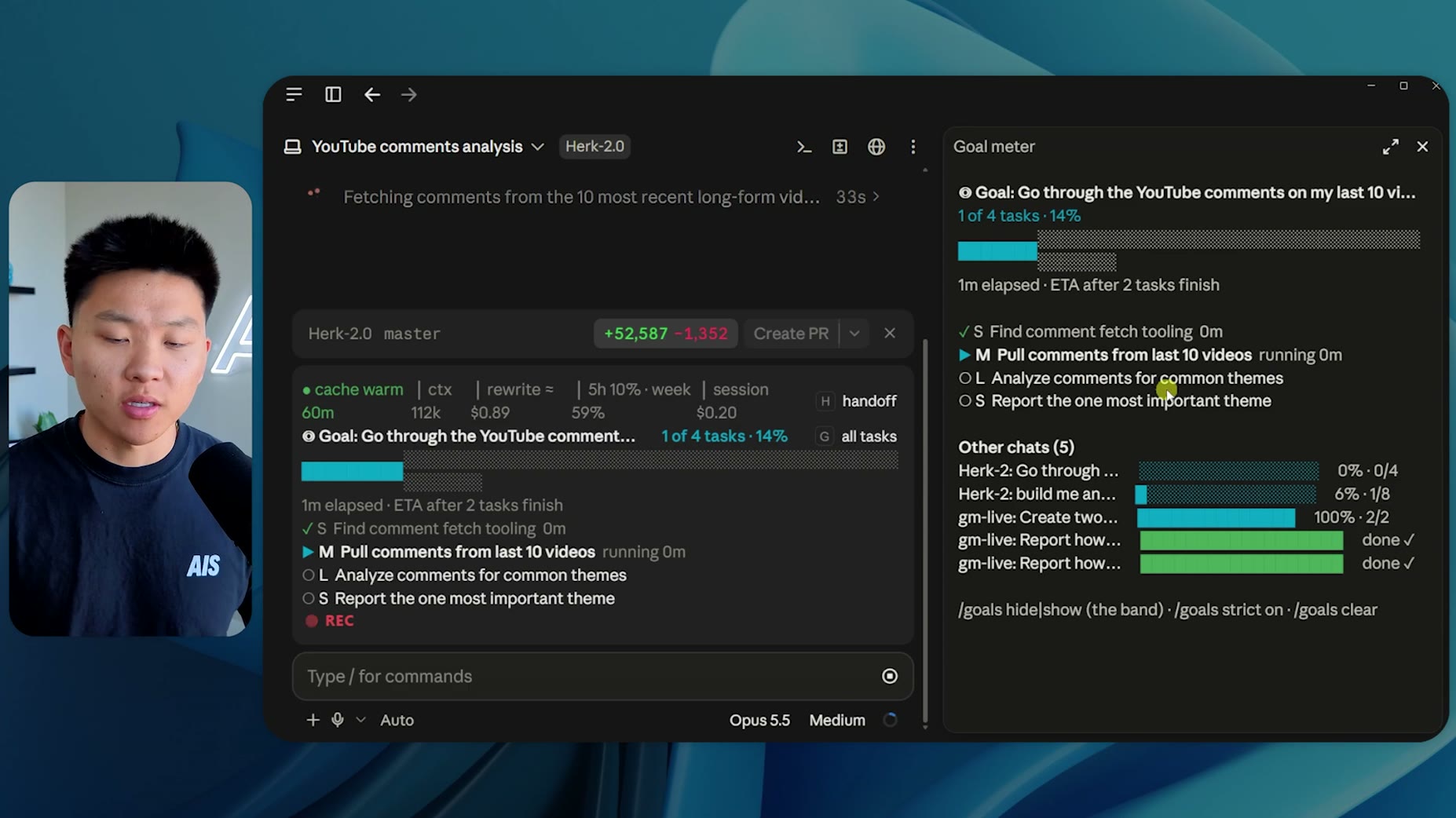 Result: [08:56] The Claude Code interface shows a task analyzing YouTube comments from the last 10 videos with progress 