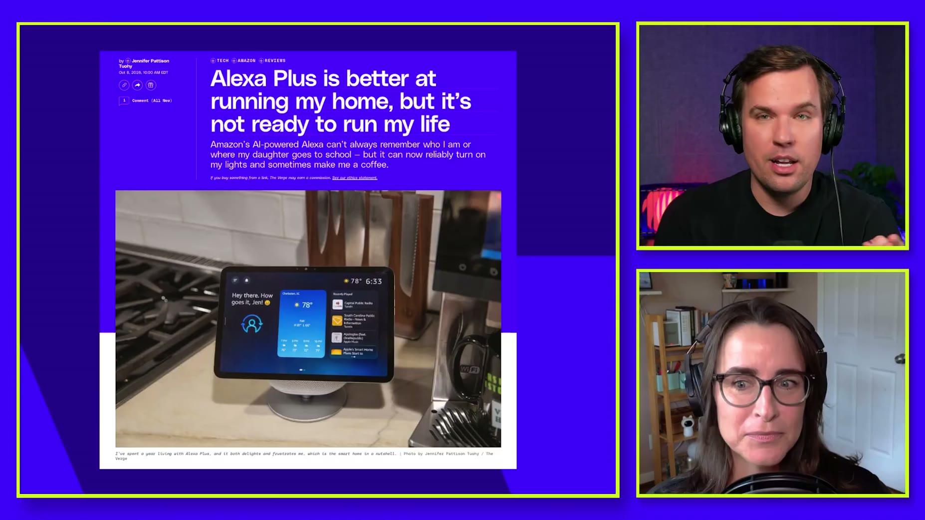 The episode centers on a secondhand discussion of Jennifer Pattison Tuohy's year-long review of Alexa Plus, titled 'Alex