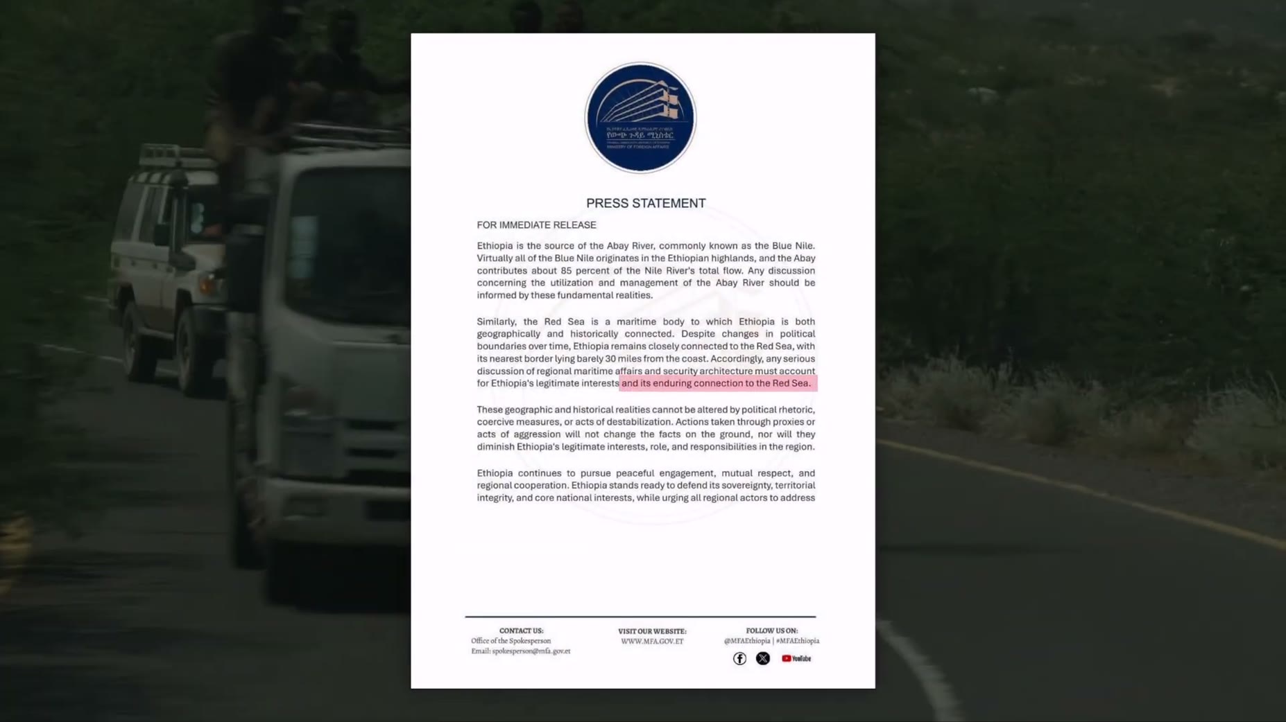 Source cited: [06:53] Ethiopia's foreign ministry statement said Ethiopia is the source of the Abay River (Blue Nile), w