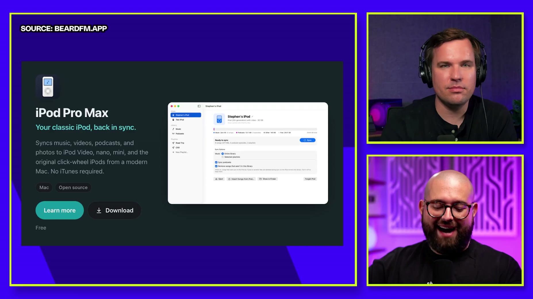 The guest built an app called iPod Pro Max to sync an old iPod Video, nano, mini, or click-wheel iPod to a modern Mac wi