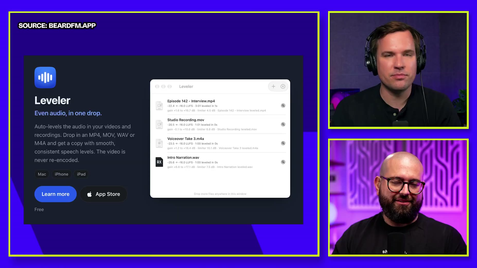 The guest's app Leveler auto-levels audio in videos and recordings so a dropped-in MP4, MOV, WAV or M4A file comes out w