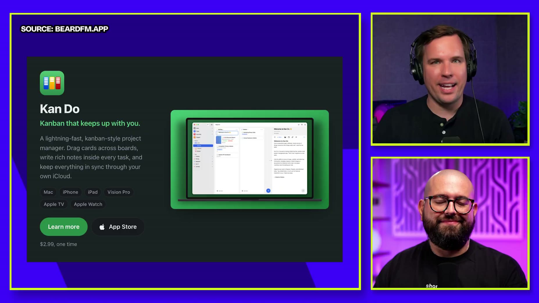 CanDo is a kanban-style project manager with iCloud sync, available on Mac, iPhone, iPad, Vision Pro, Apple TV, and Appl