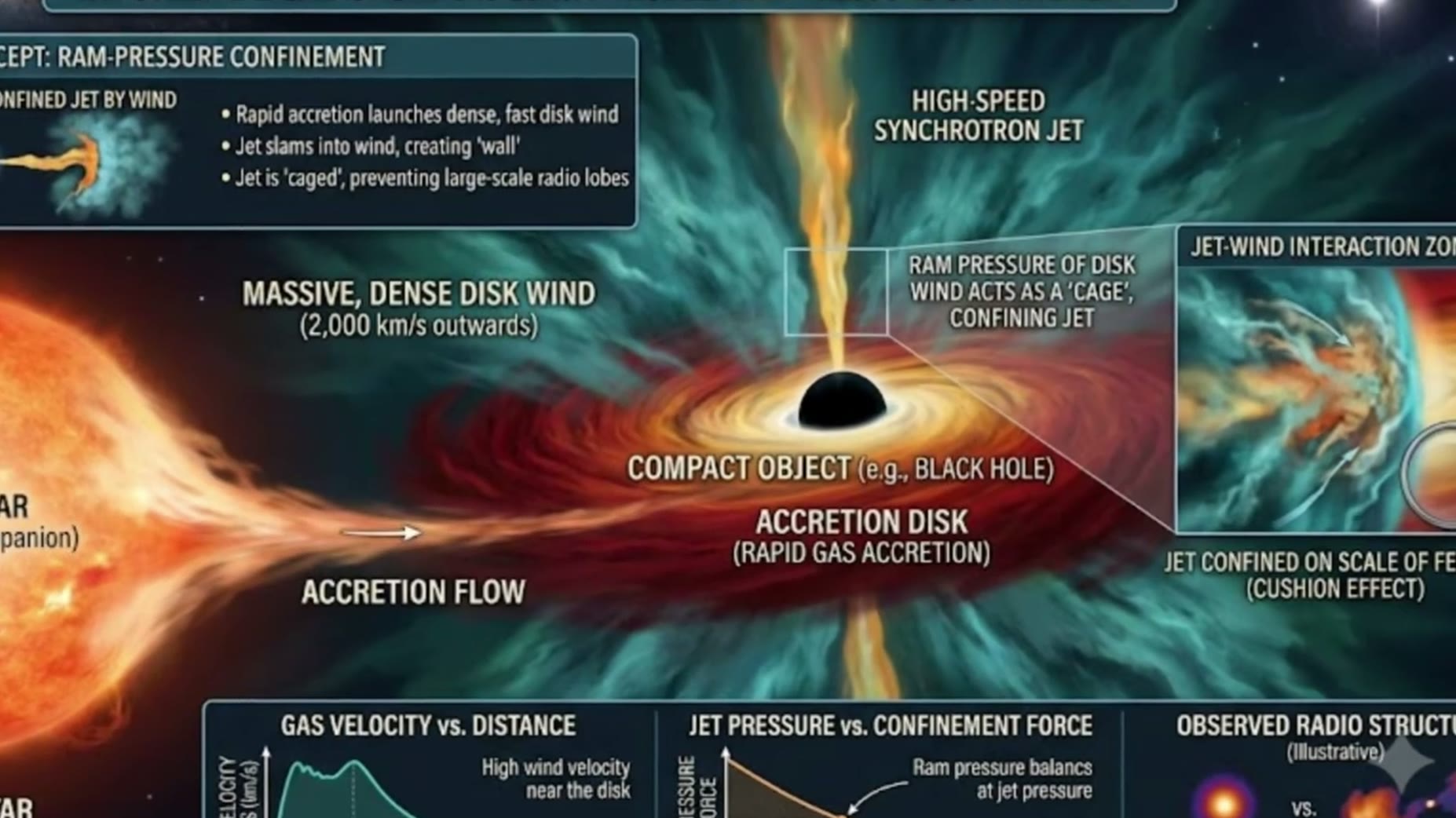 Mechanism: As gas falls into the accretion disk, strong magnetic fields launch a narrow high-speed jet in two directions