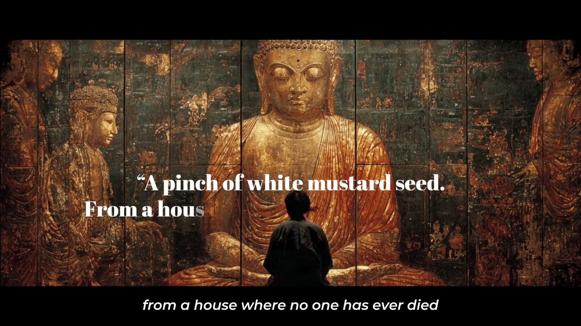 The narrator recounts that the Buddha told Kisa Gotami to bring a pinch of white mustard seed from a house where no one 