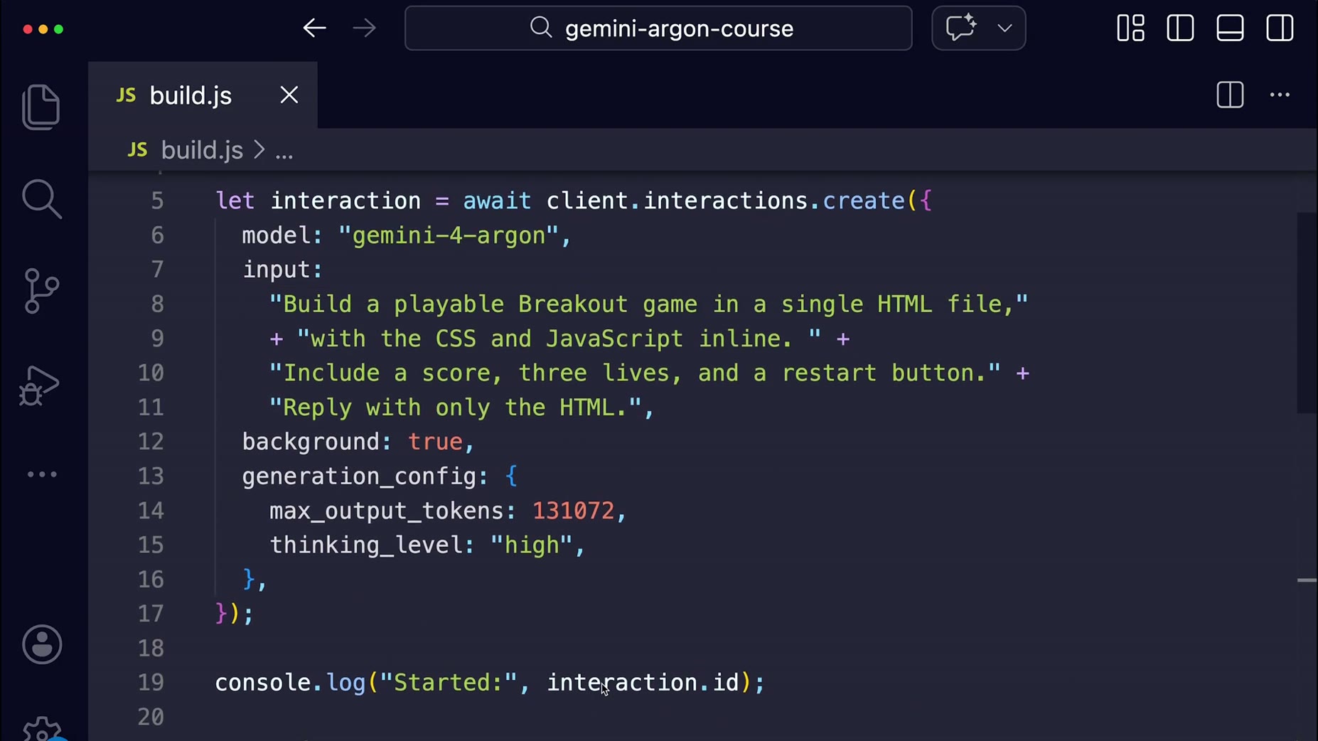 Config [06:48]: background is set to true, thinking_level set to "high", and max_output_tokens raised to 131,072.