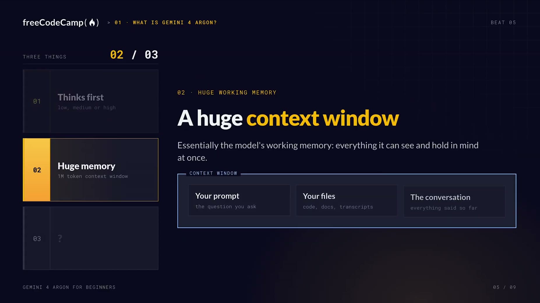 Step [01:36]: the context window is described as the model's working memory covering everything it can see and hold at o