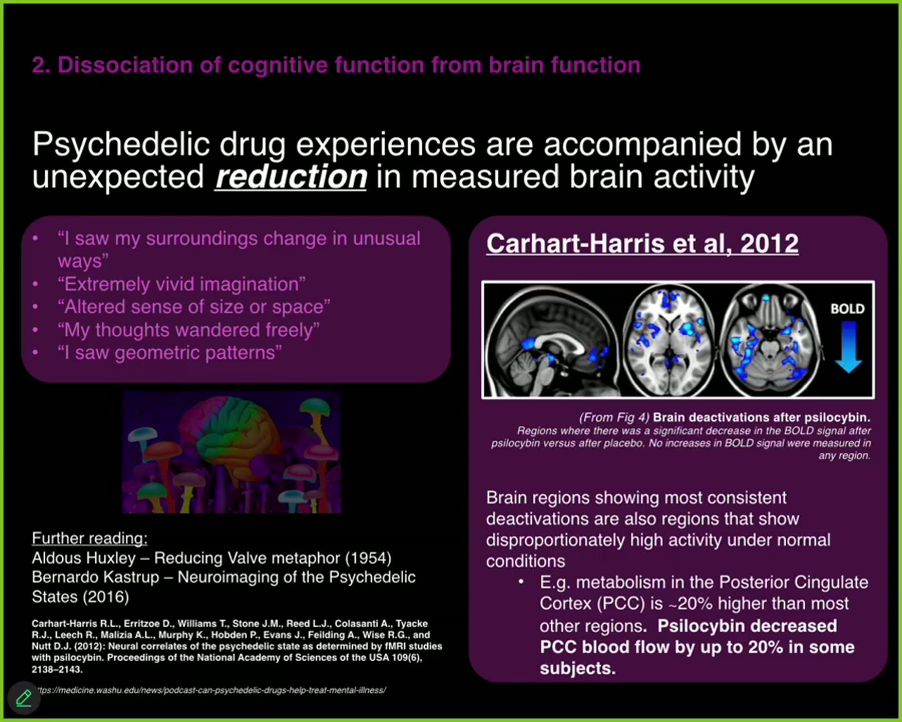 Cited evidence (PUBLISHED) [32:28]: a 2012 study by Carhart-Harris using BOLD fMRI found psilocybin decreased cerebral b
