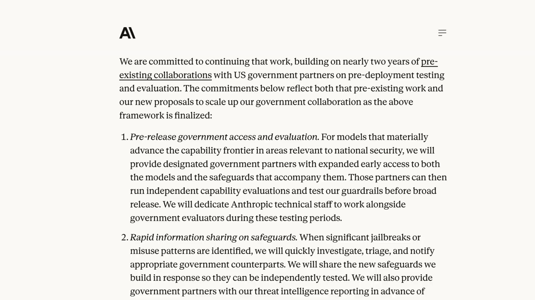 Anthropic committed to pre-release government access letting designated partners run independent capability evaluations 