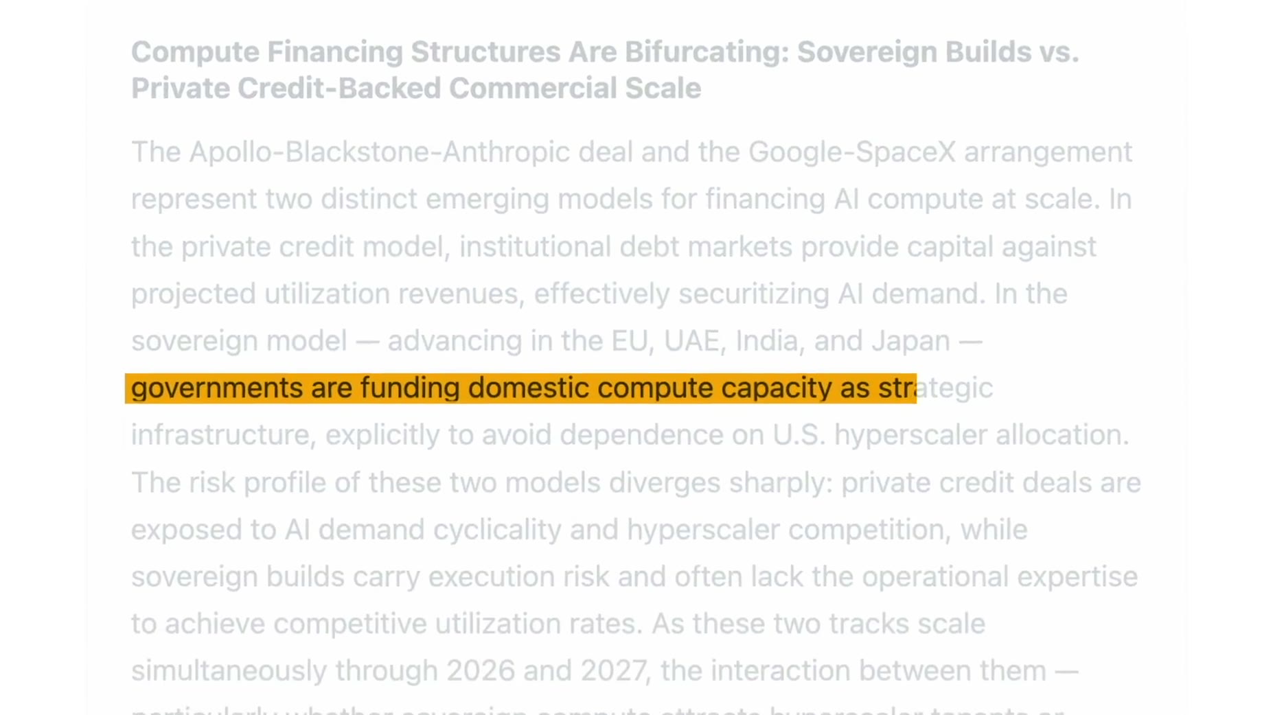 A Daily Brief piece cited in the video describes compute financing bifurcating into a private-credit model, including th