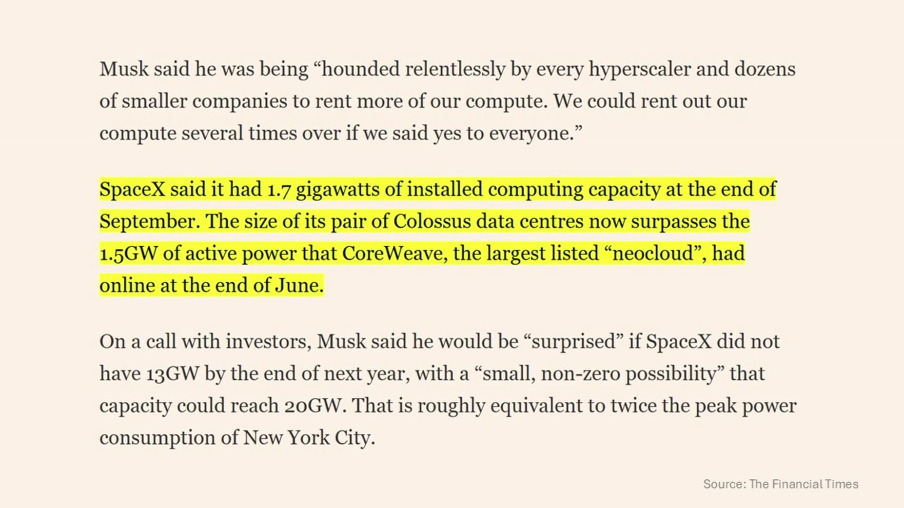 Prediction: Musk said he would be surprised if SpaceX didn't have 13 gigawatts of capacity by end of next year, with a s