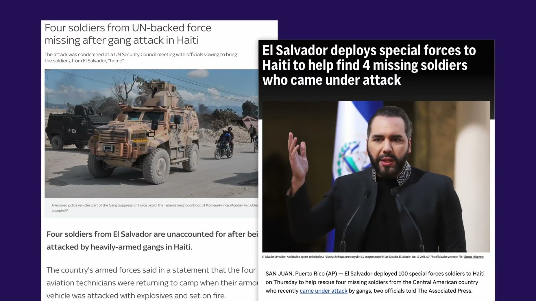 El Salvador deployed troops to Haiti to rescue four Salvadoran aviation technicians who were ambushed, with their armore