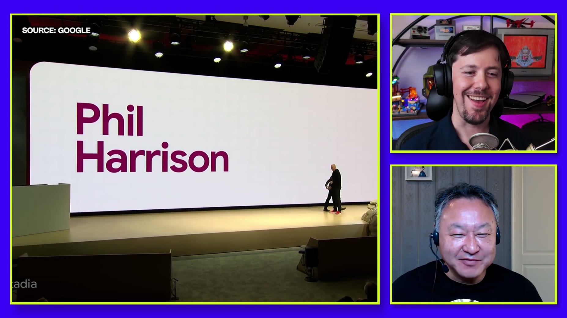Archival footage showed Phil Harrison presenting at a Google keynote announcing Google Stadia and claiming certain games