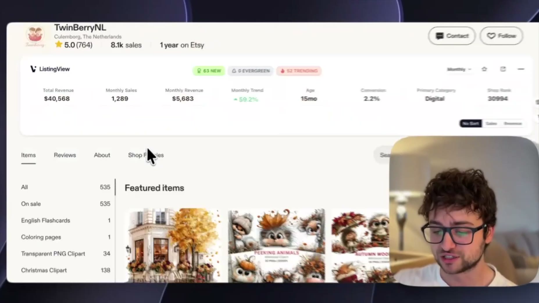 A six-year-old Etsy clipart shop has $249K in total revenue and averages $7K per month selling AI-made images uploaded o