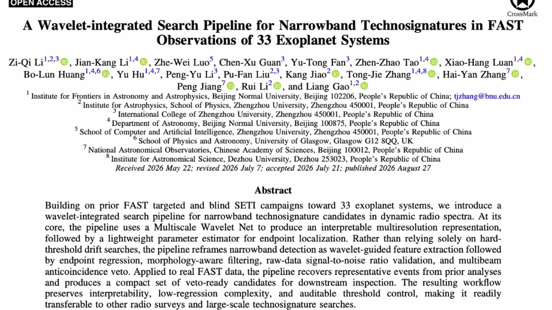 Named study [01:27]: 'A Wavelet-integrated Search Pipeline for Narrowband Technosignatures in FAST Observations of 33 Ex