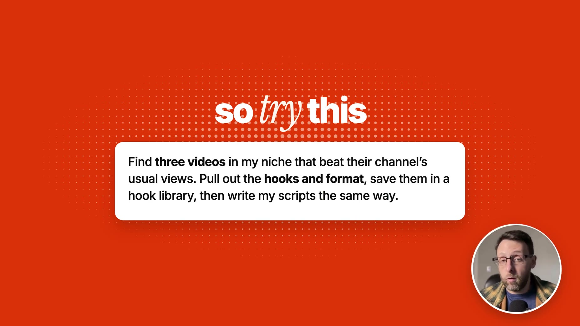 PROMPT (~02:06): ask Claude to find three videos in your niche that beat their channel's usual views, pull out the hooks