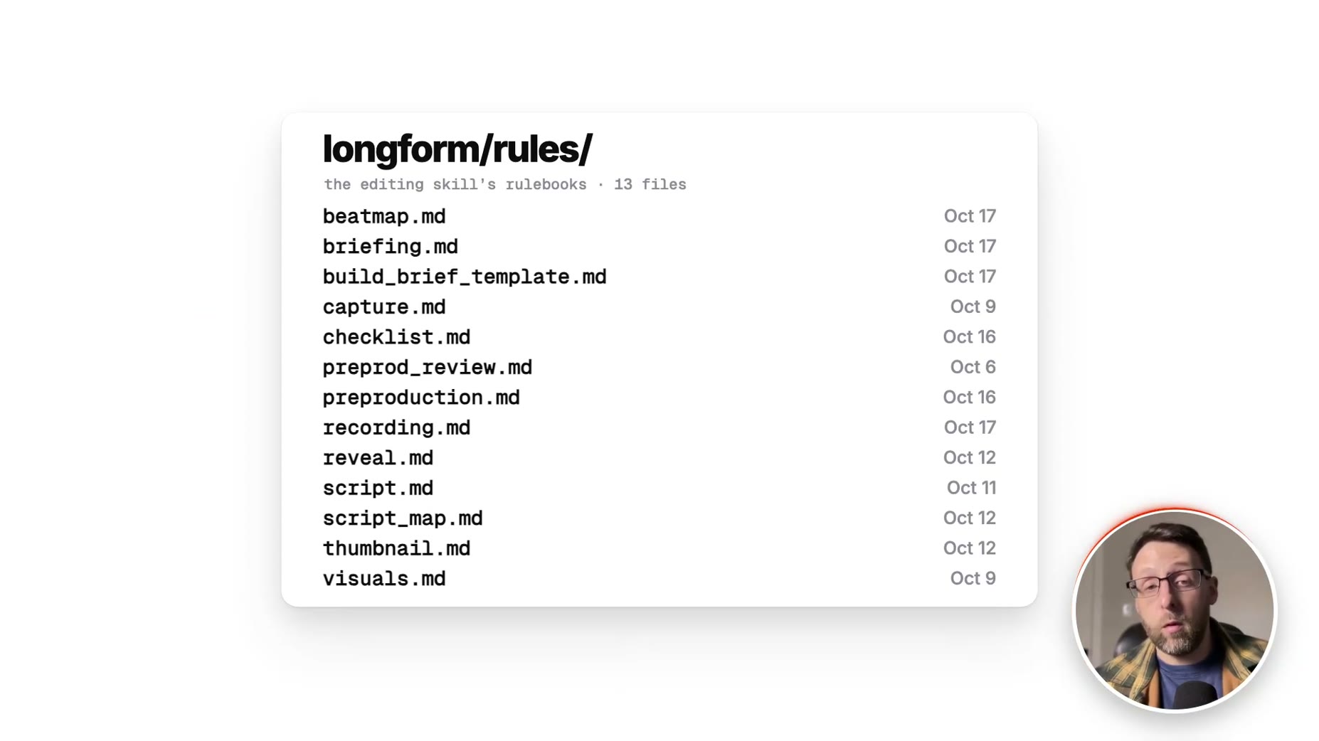 Stack: feedback from each review round is saved to improve the editing skill, with the rulebook stored as 13 files in a