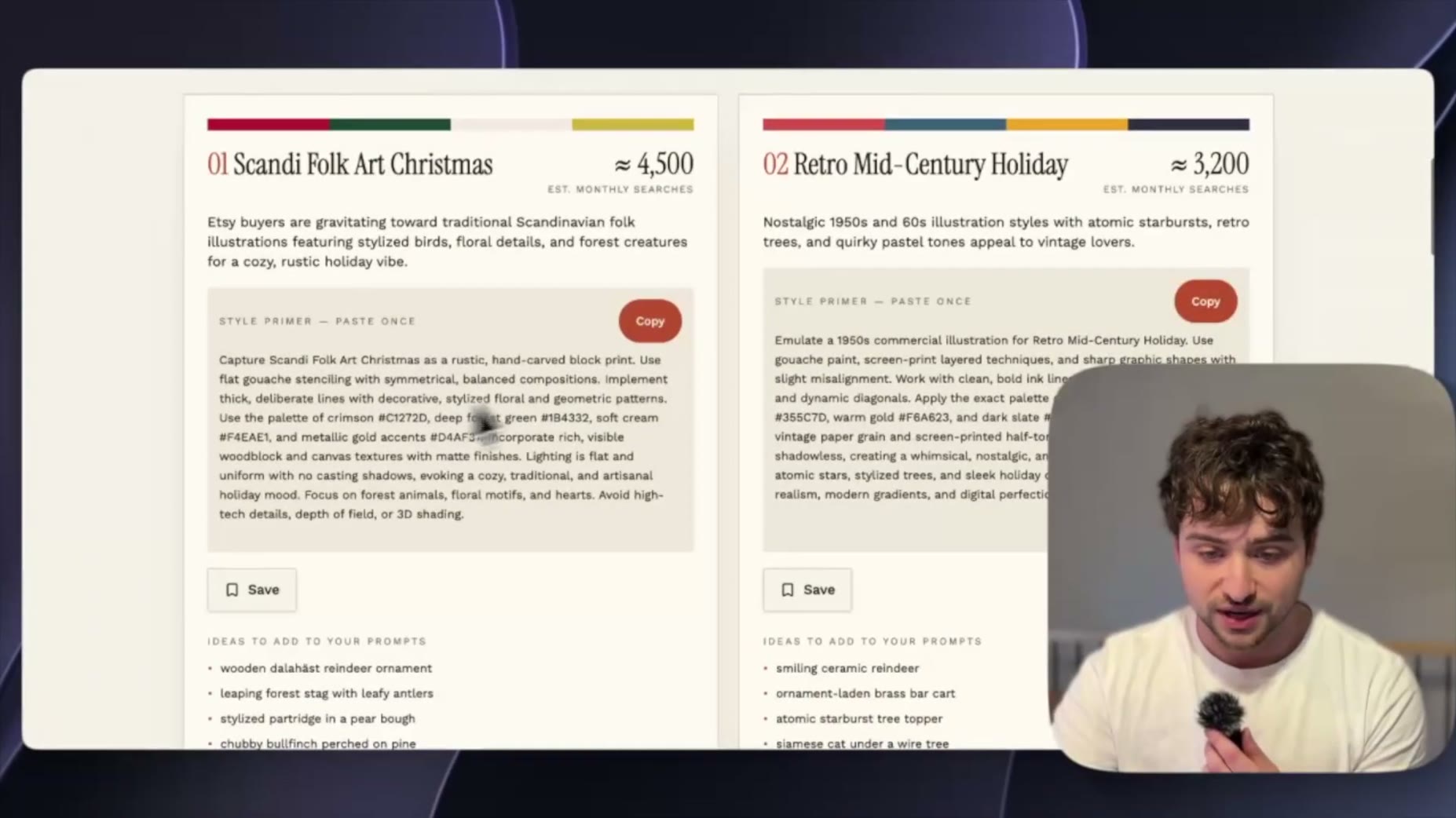 Searching 'Christmas' in the tool surfaces trending styles like 'Cozy Nostalgia and Whimsical Folk Aesthetics' (~4,500 e