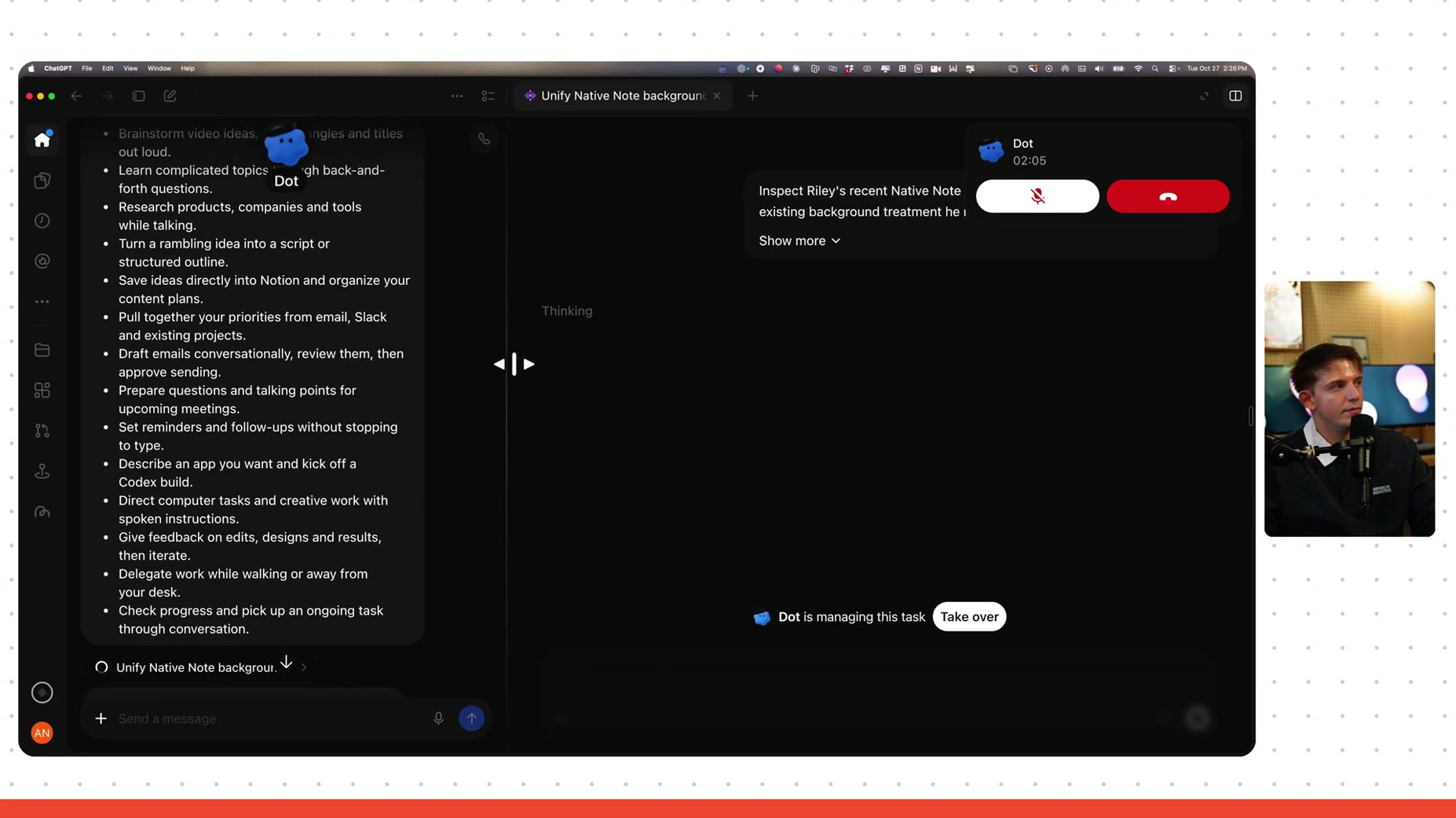 Wiring: the ChatGPT desktop app showed a split view, left pane chat, right pane a tab titled 'Unify Native Note backgrou