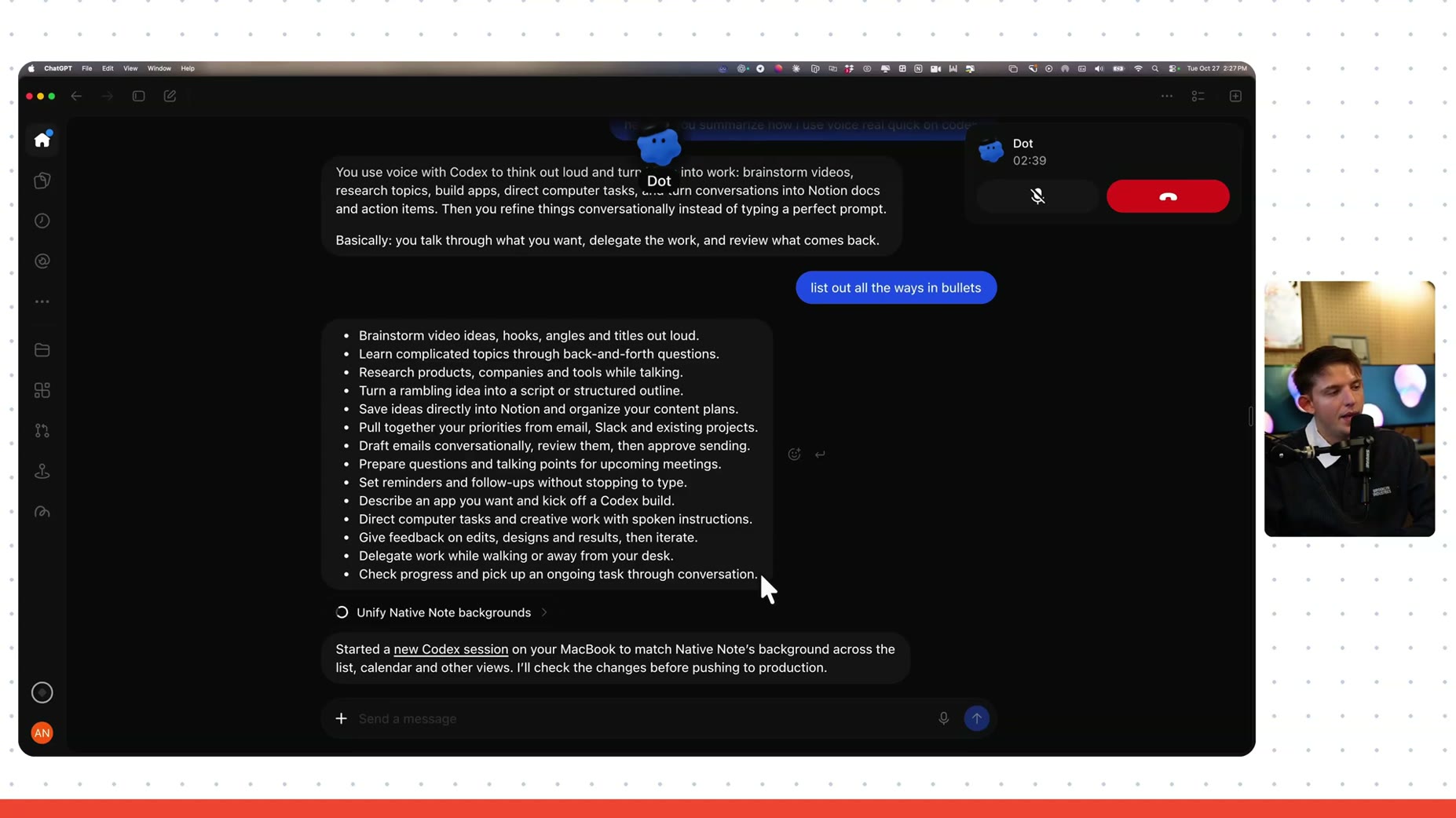 Wiring: Dot created a task labeled 'Unify Native Note backgrounds' and reported the new codex session running on his Mac