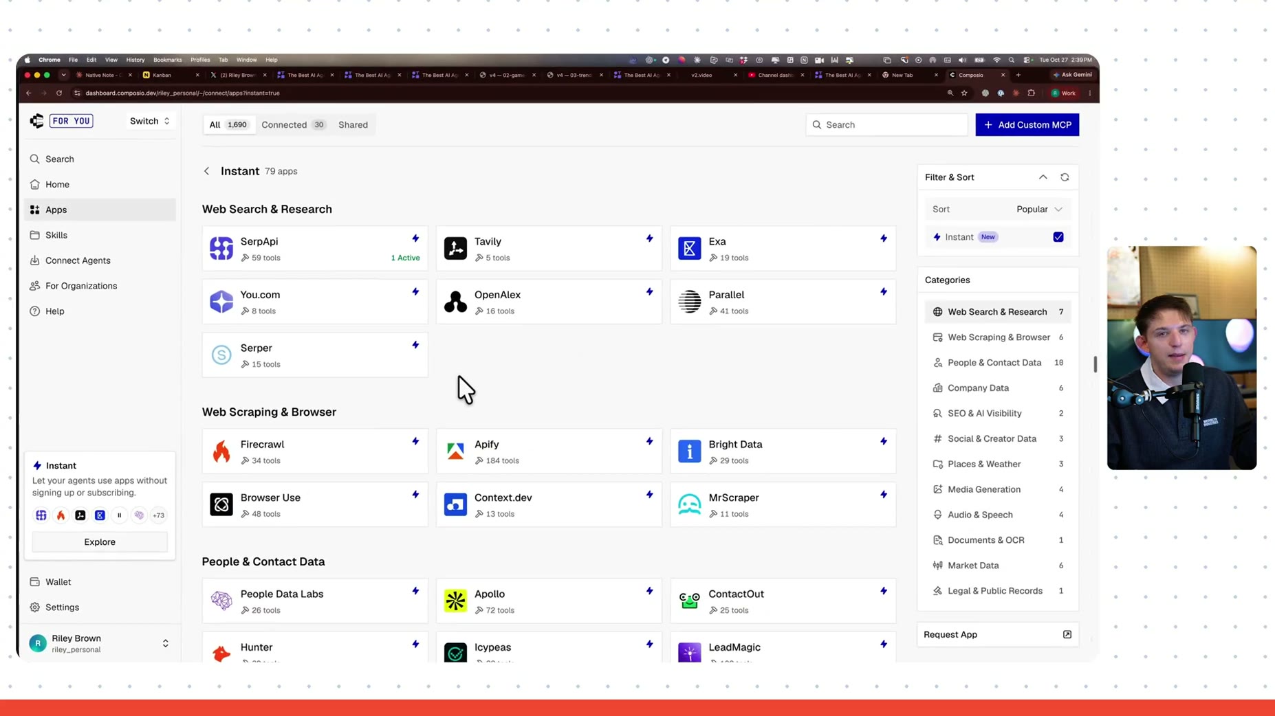 Stack: the Composio Apps page filtered to 'Instant' shows 79 apps grouped into subcategories like Web Search & Research,
