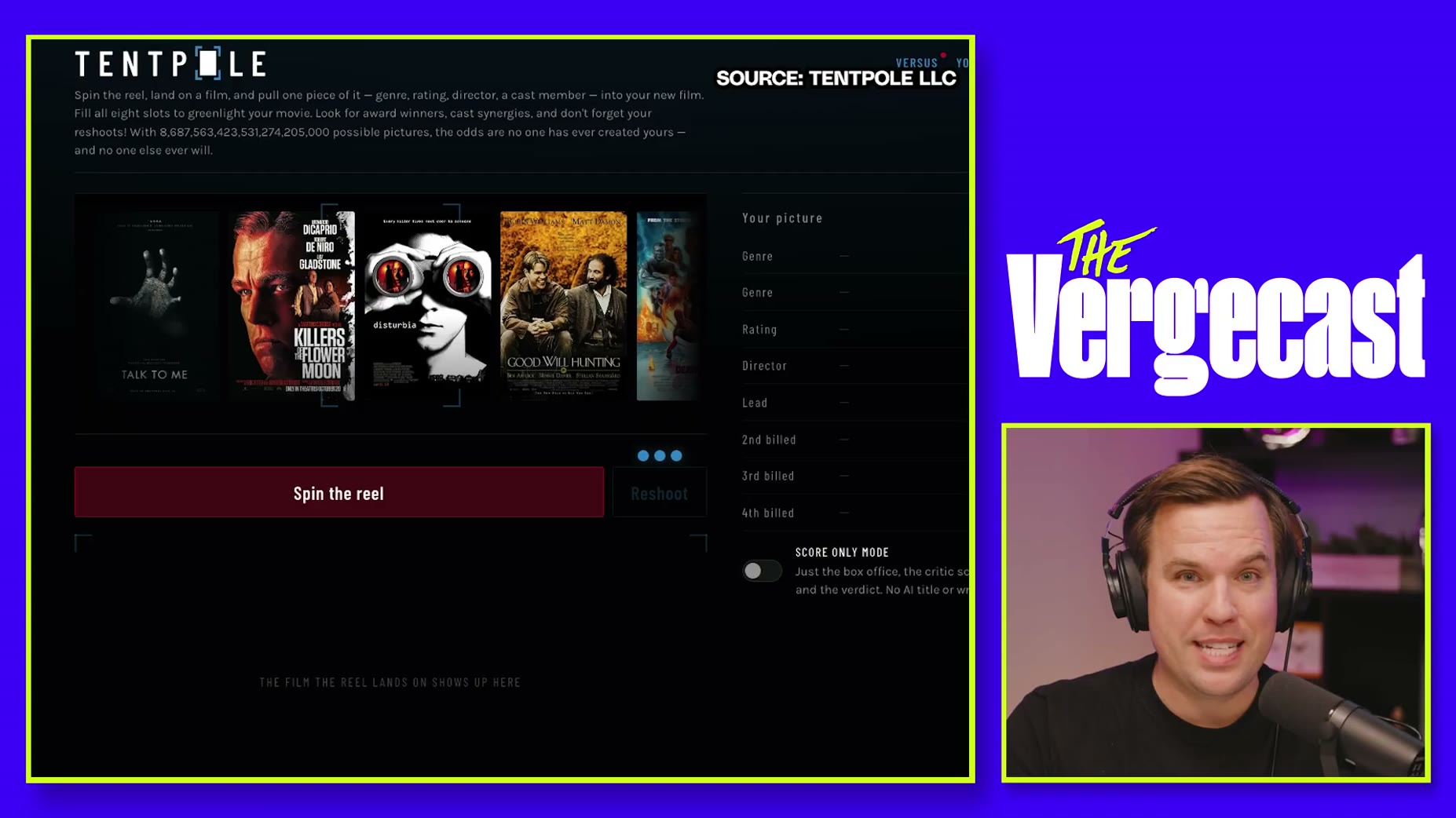 Kevin Roose demoed a game called Tentpole at tentpolegame.com, where users spin a reel to build a custom movie from genr