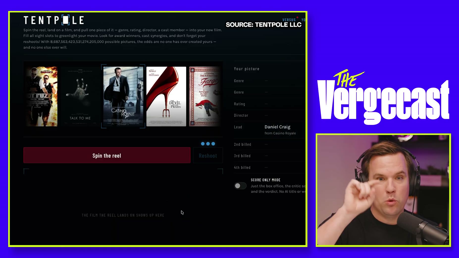 Kevin Roose said the game shows a projected box office score and rating for the created movie at the bottom of the scree