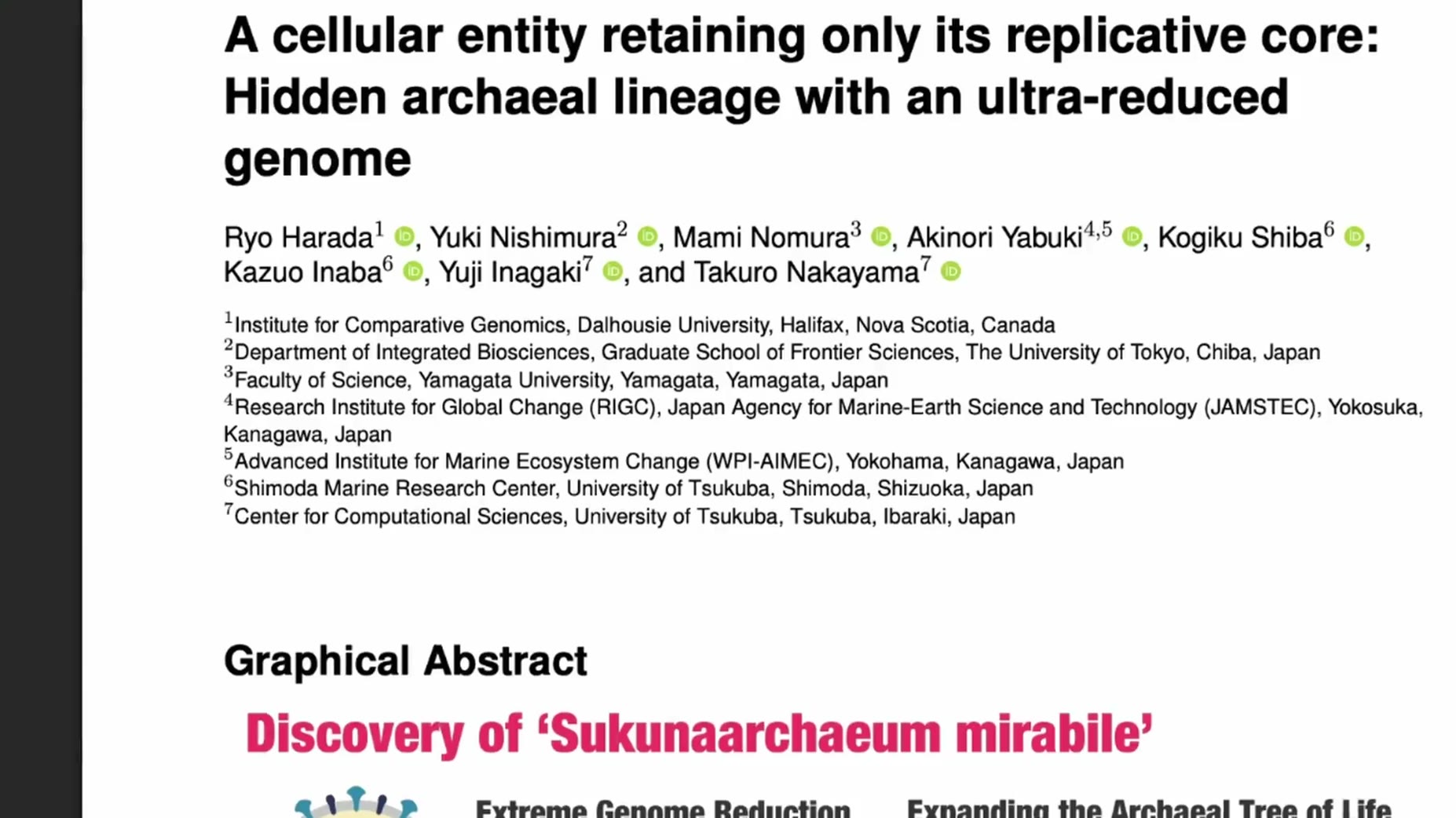 Discovery of Candidatus Sukunaarchaeum mirabile reported by a team led by scientists from Dalhousie University [00:38]