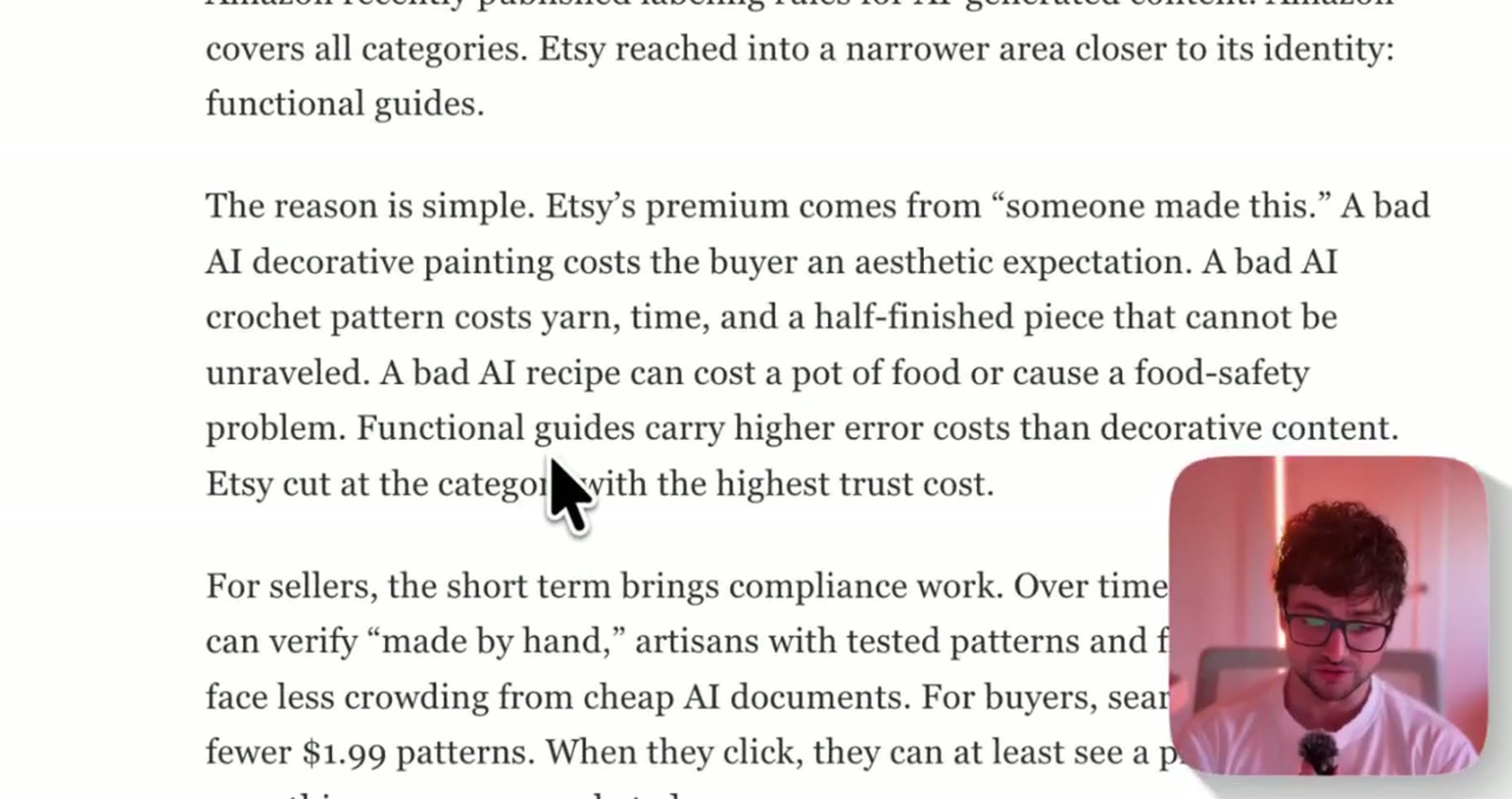 Etsy's crackdown targets narrower functional guides like patterns and recipes rather than Amazon's broader AI-labeling r