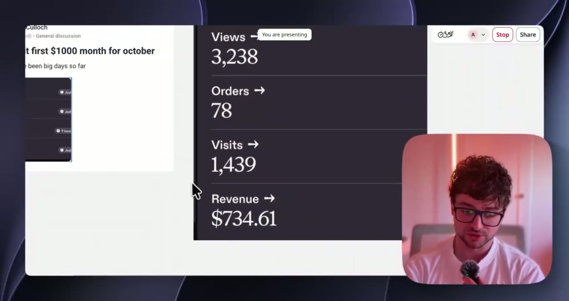 The speaker's own listing stats: 3,238 views, 78 orders, 1,439 visits, and $734.61 in revenue, approaching a $1,000 mont