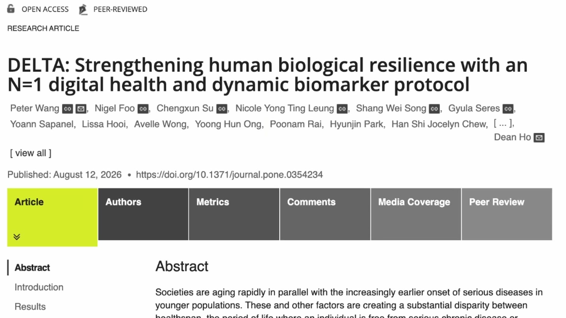 The study, titled 'DELTA: Strengthening human biological resilience with an N=1 digital health and dynamic biomarker pro