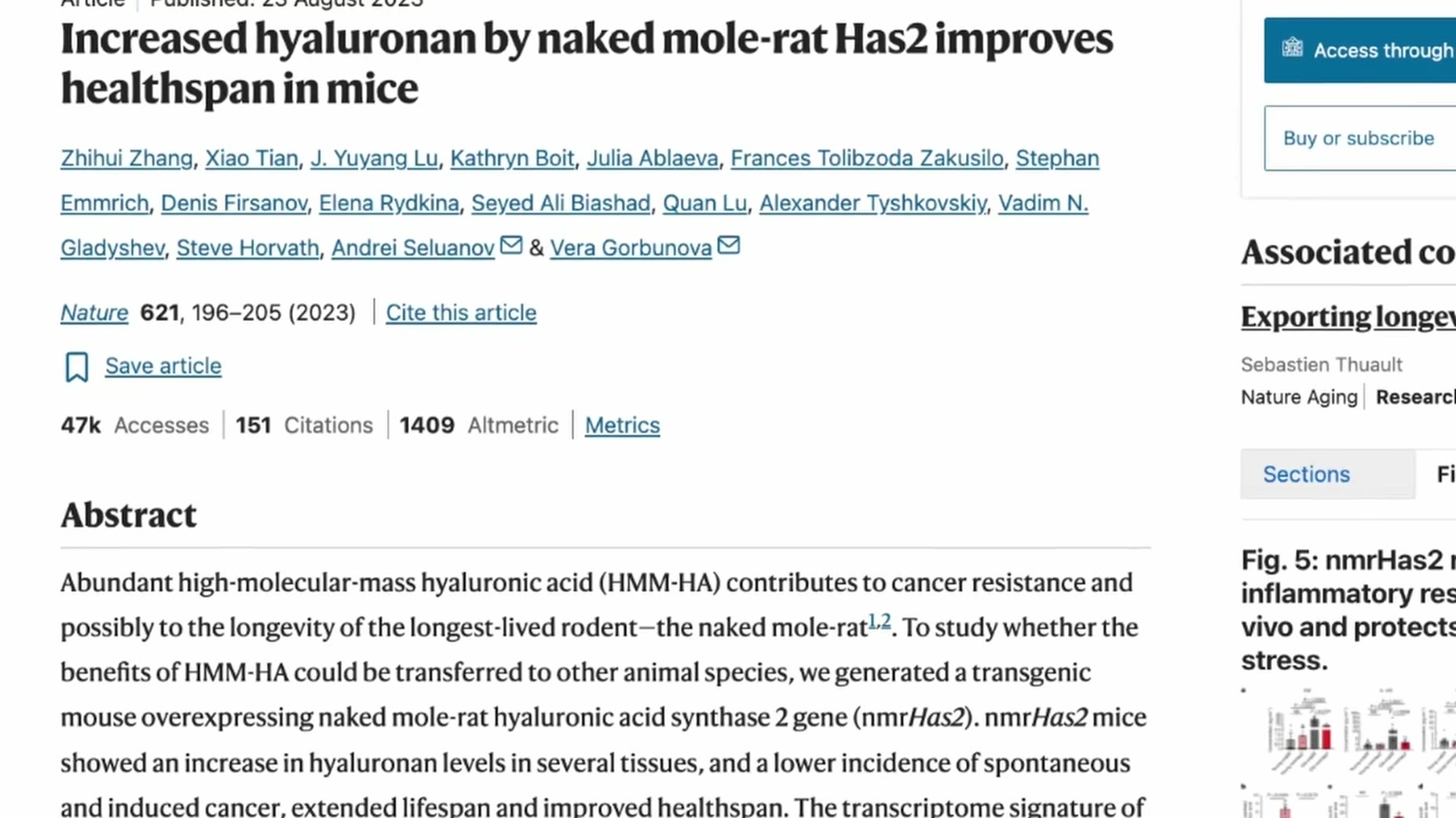 A University of Rochester study led by biologist Vera Gorbunova studied naked mole rats, published in Nature (621, 196-2