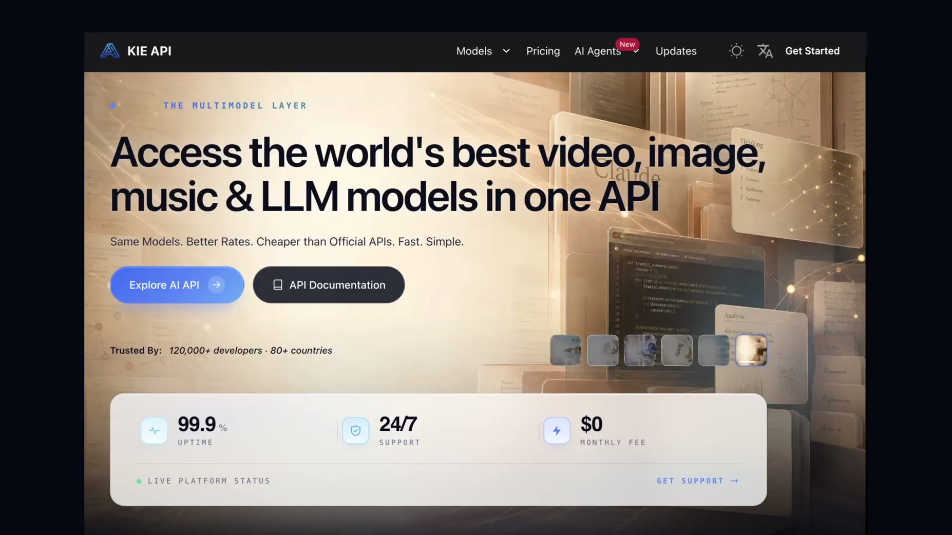 Cost (07:46): Kie.ai is marketed as trusted by 120,000+ developers in 80+ countries, with 99.9% uptime, 24/7 support, an
