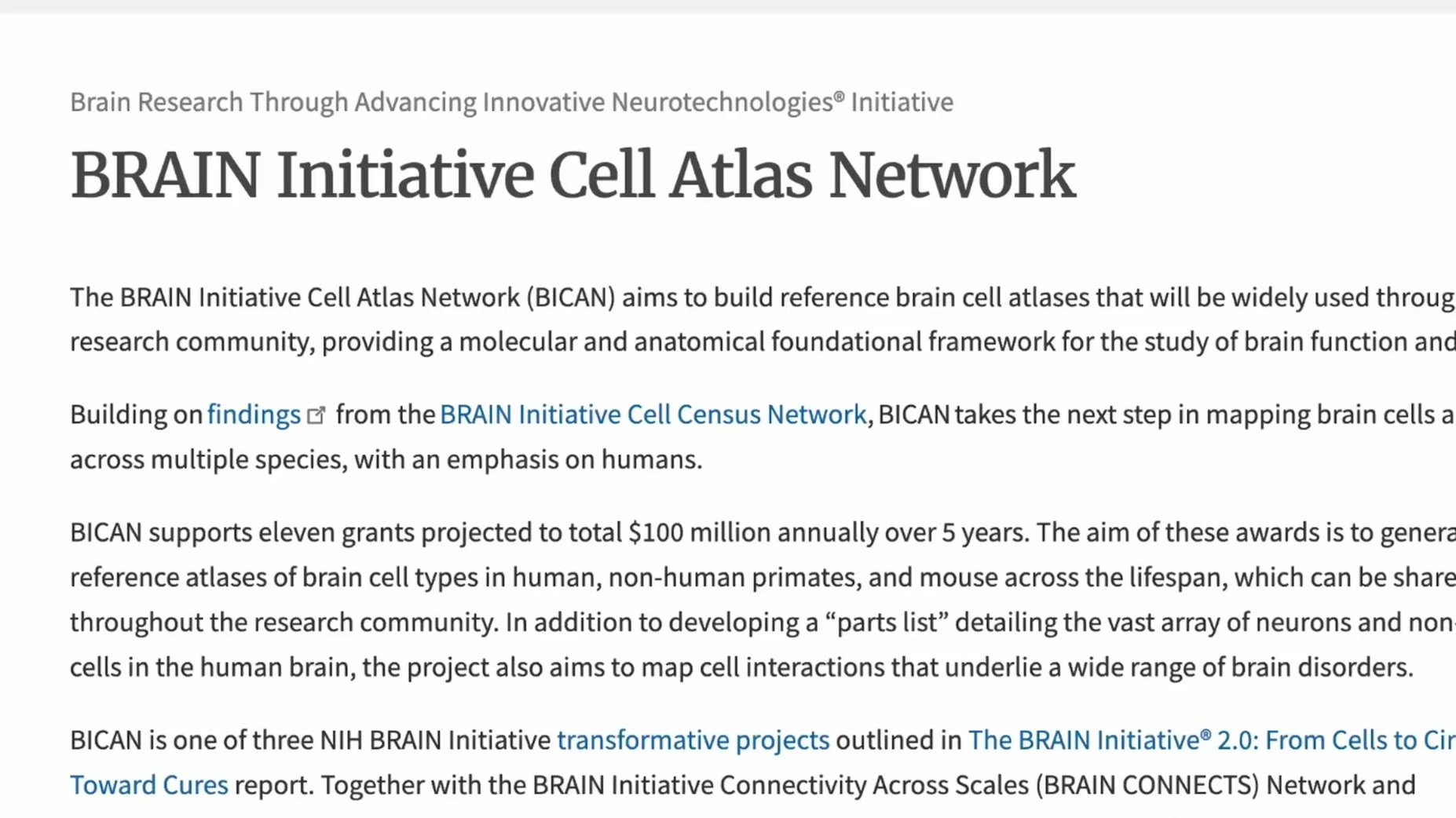Study cited: The BRAIN Initiative Cell Atlas Network (BICAN) supports eleven grants projected to total $100 million annu