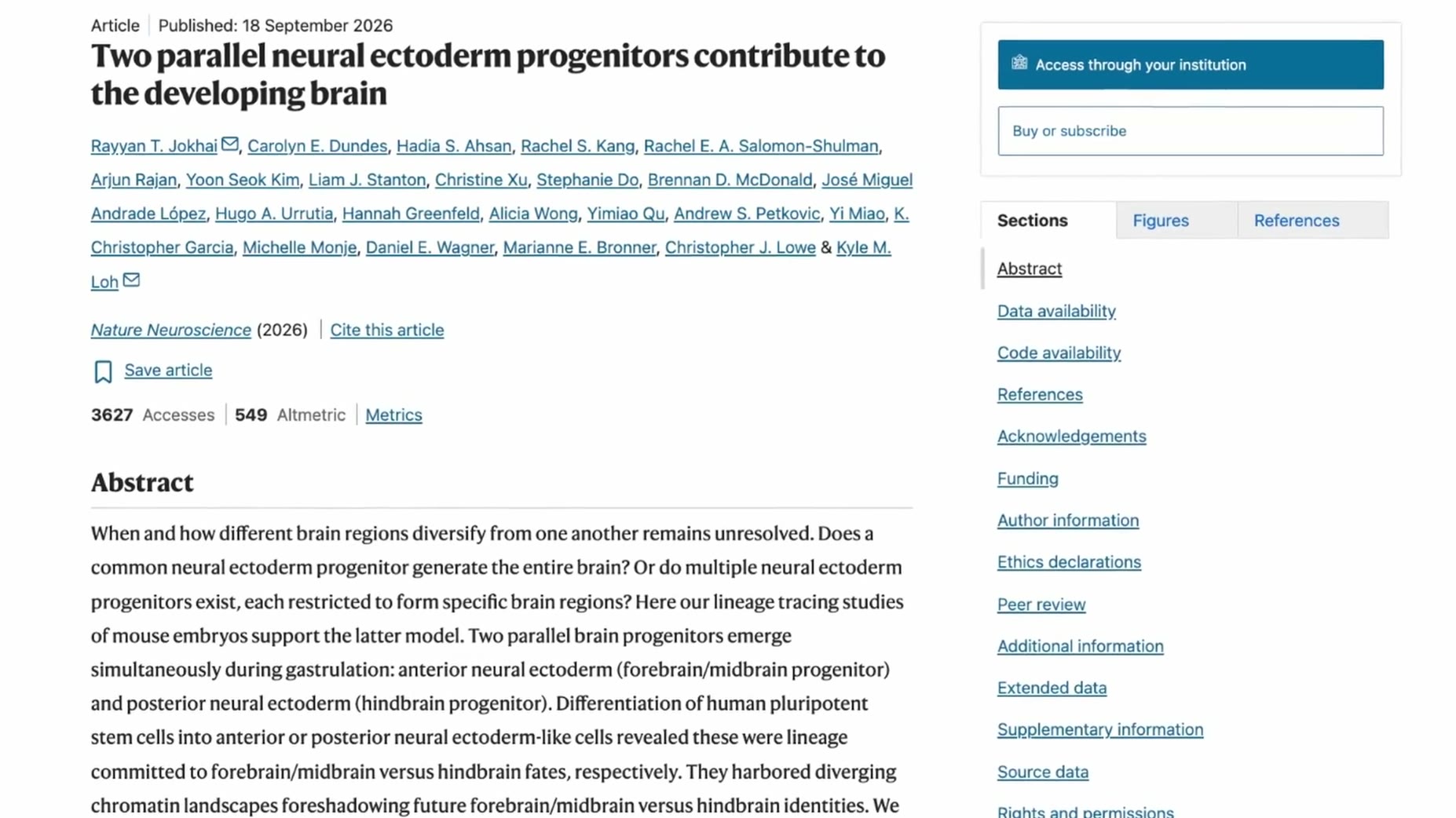 Study cited: 'Two parallel neural ectoderm progenitors contribute to the developing brain,' Nature Neuroscience, 2026, l