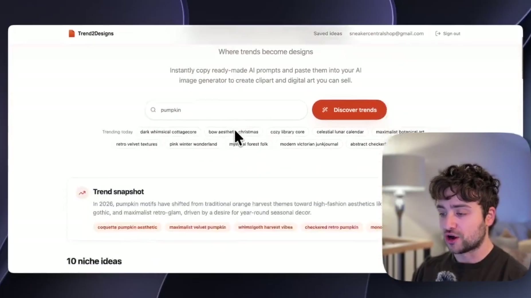 On-screen data [03:21]: Trend2Designs' trend snapshot states that in 2026 pumpkin motifs have shifted from traditional o
