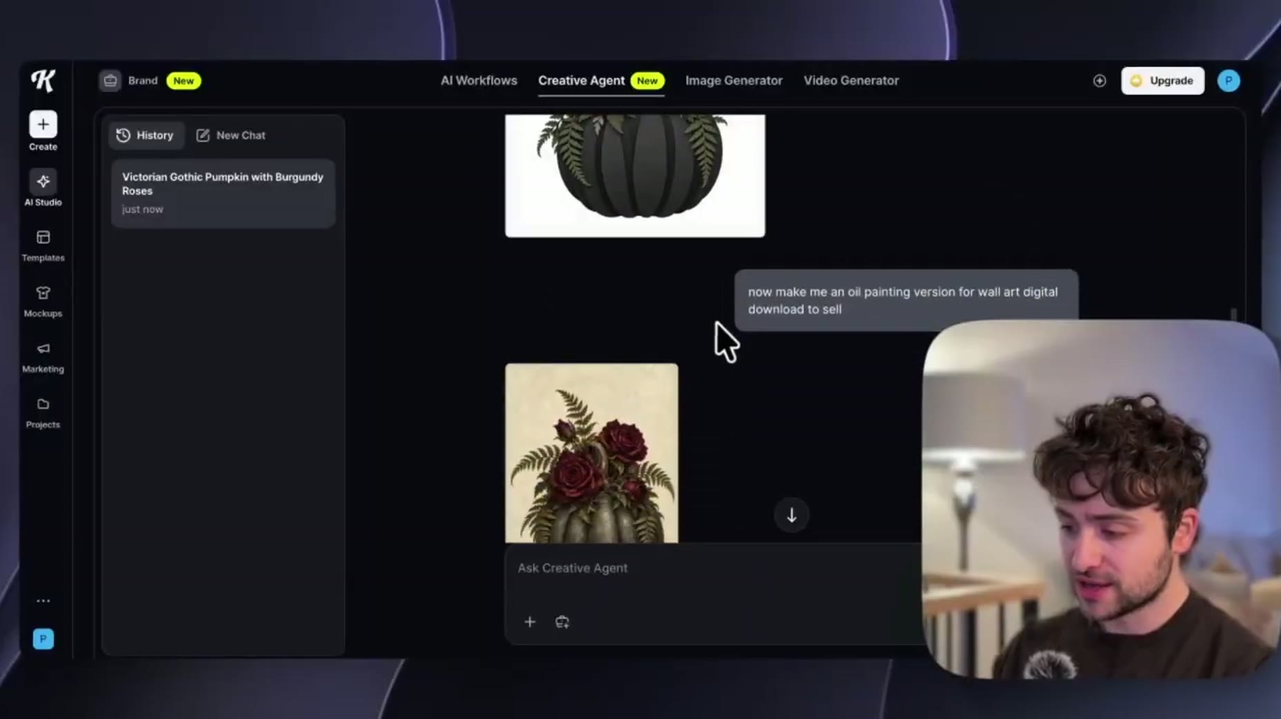 On-screen prompt [05:25]-[05:32]: The presenter prompts the agent to make an oil painting version for a wall art digital
