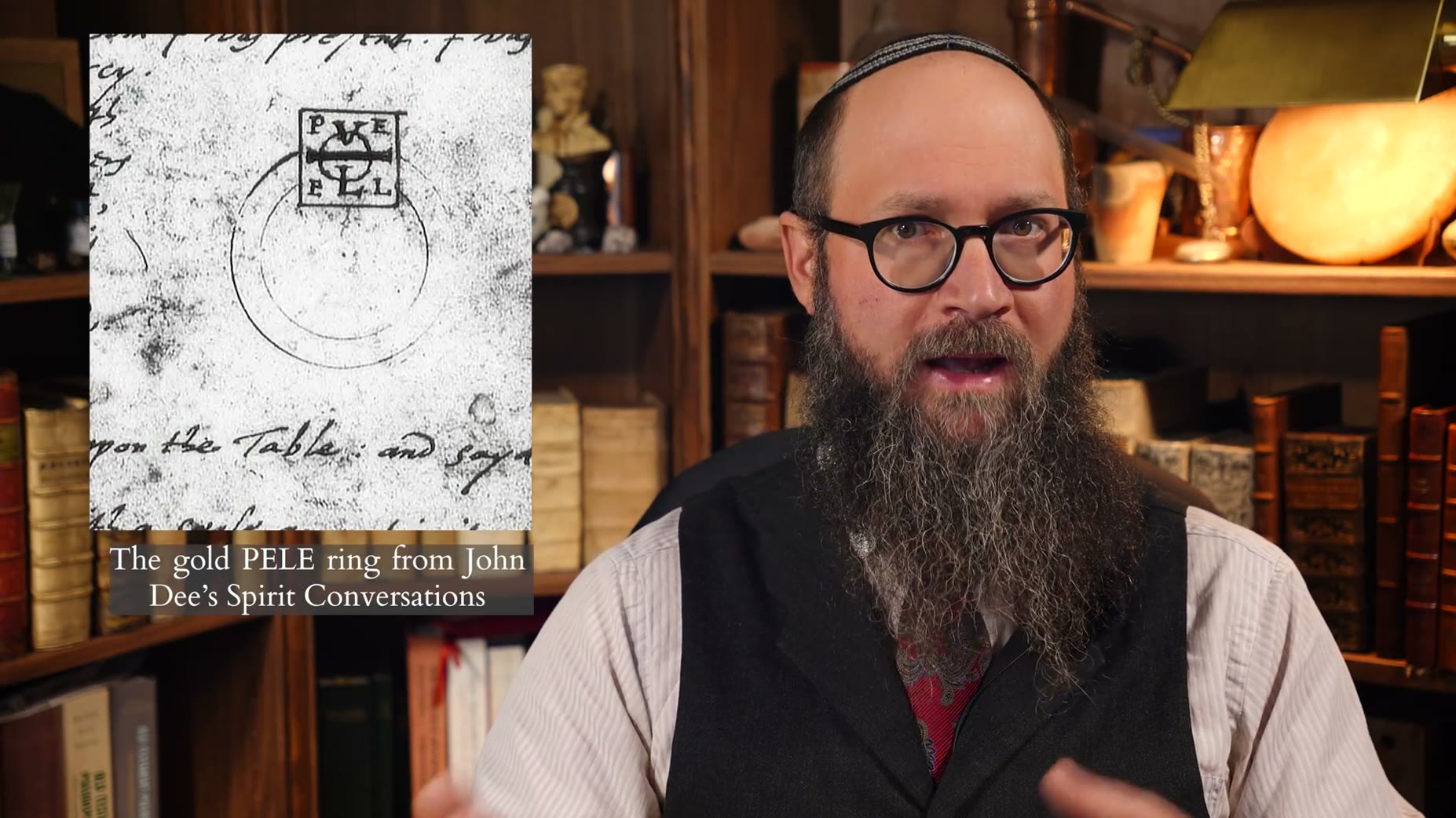 The host mentions a golden Pele ring from John Dee's Spirit Conversations as a point of comparison, noting the Annulorum