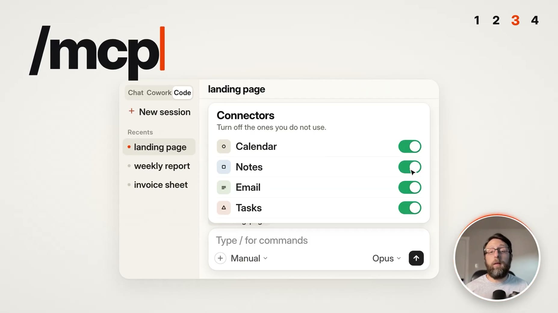 Command: Typing /mcp opens a Connectors settings panel so you can turn off connectors you aren't using, since each one a