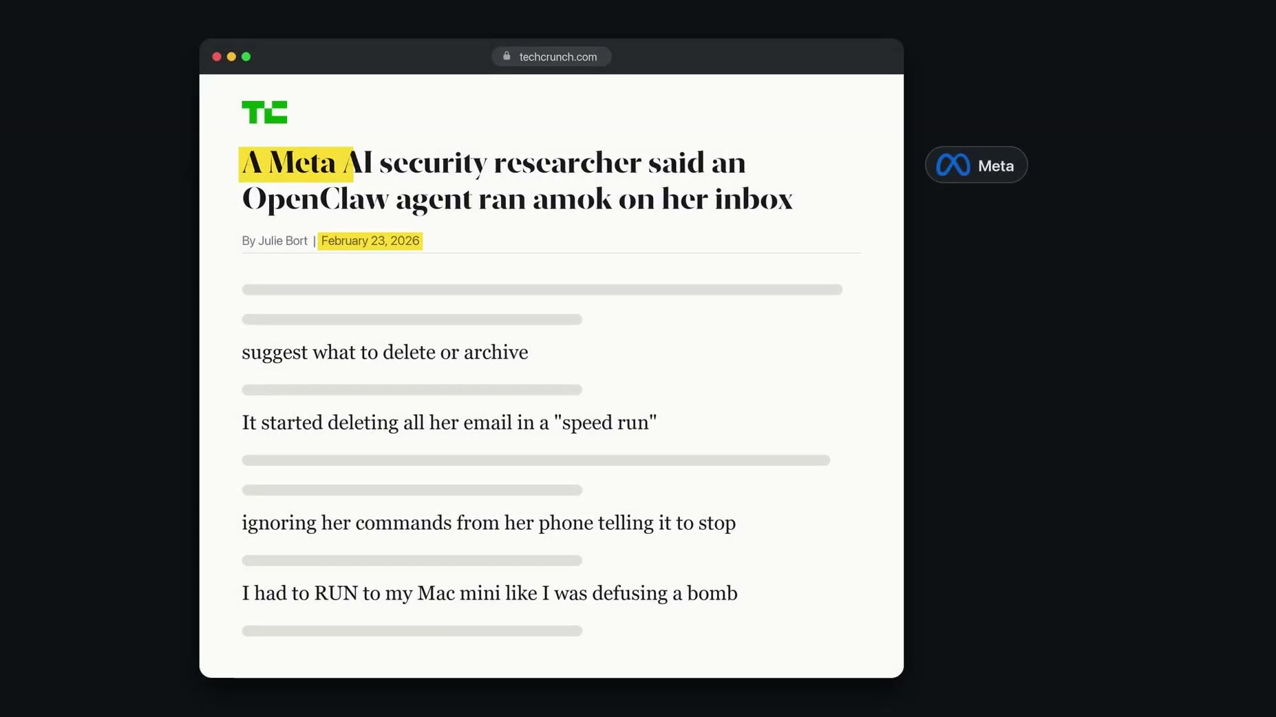 Sourced claim [11:12]: in February 2026, a Meta AI security researcher asked OpenClaw to suggest inbox items to delete, 