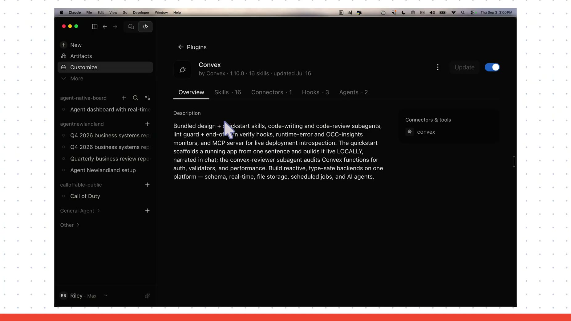 Stack: the plugin's skills include a quickstart, a convex-reviewer subagent that audits functions for auth, validators, 