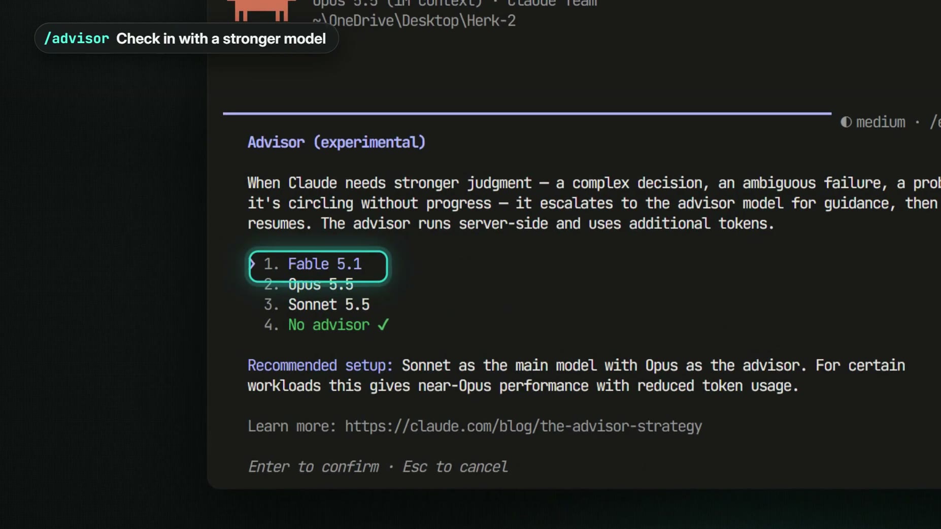 /advisor lets Claude check in with a stronger model for tough decisions, with Sonnet as main model and Opus as advisor r