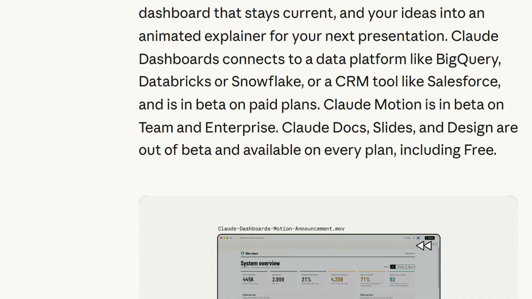 As of October 8th, Docs/Slides/Design are out of beta and on every plan including Free, while Claude Motion is in beta o